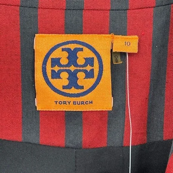 Tory‎ Burch Blazer Jacket Red Navy Stripe Logo Embossed Buttons Lined Women 10 - Picture 3 of 8